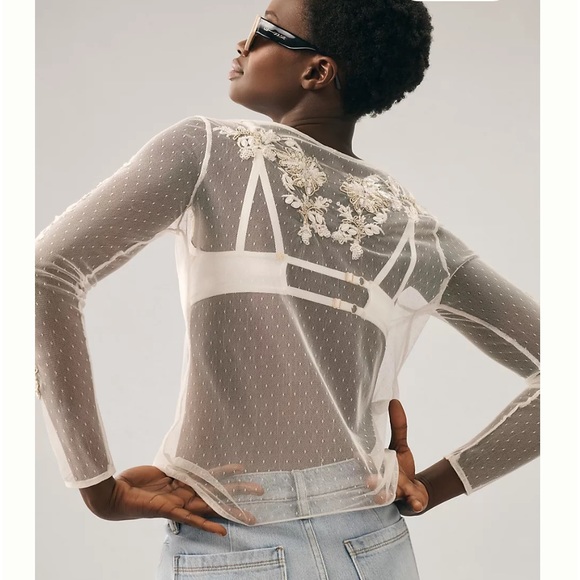 ANTHROPOLOGIE Maeve Size XL Sheer Embellished Top Whitr/Ecru Ethereal $98 NEW - Picture 3 of 16